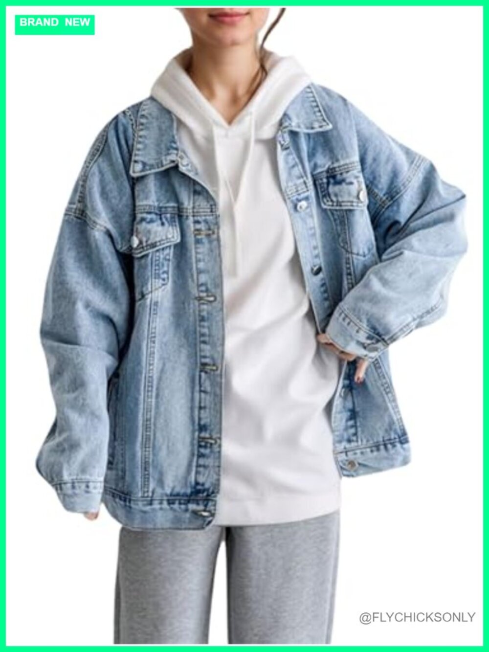 Oversized Denim Jacket Boyfriend Loose Fit Trucker Coat Long Sleeve Button Down